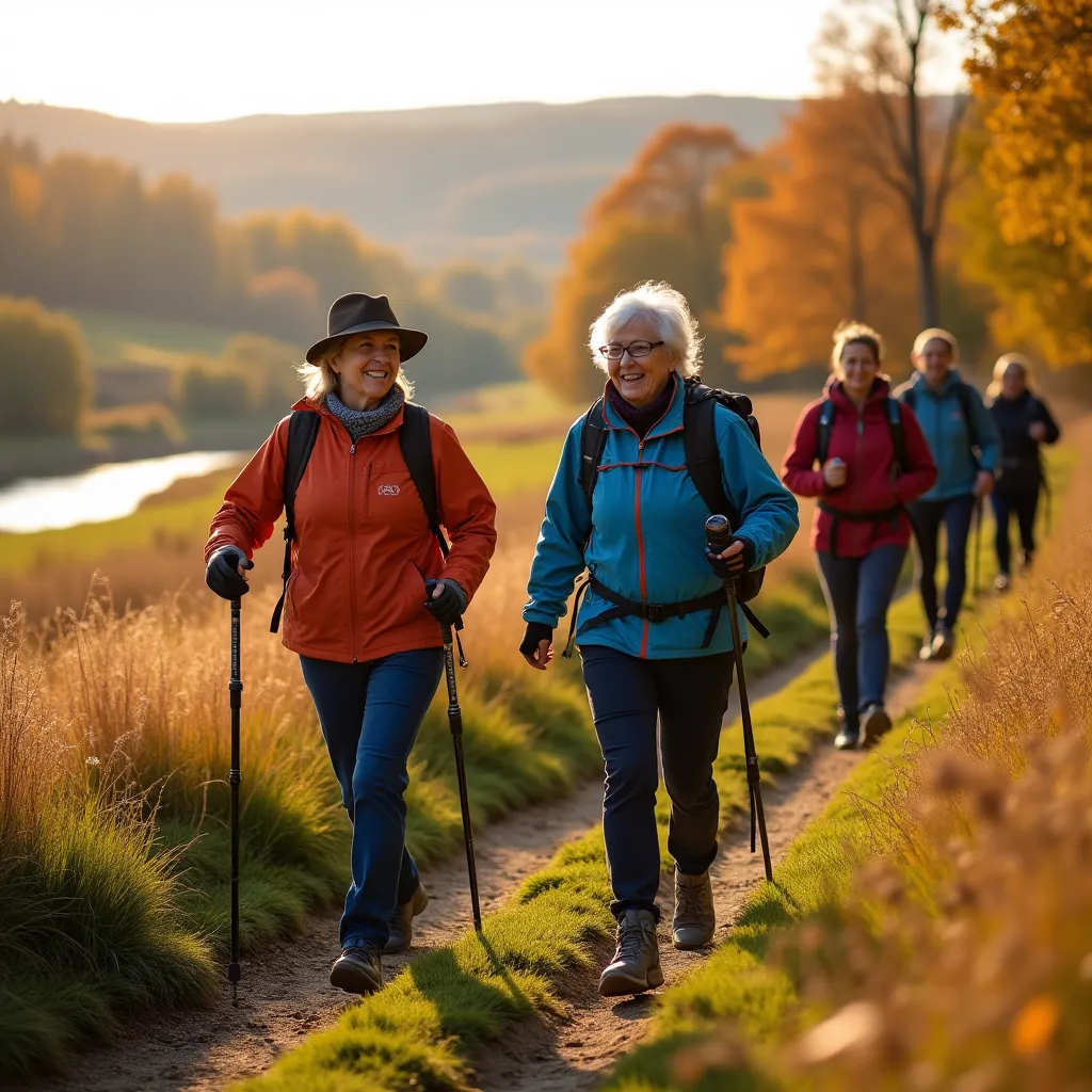 Mężczyzna w wieku emerytalnym spacerujący po ogrodzie z kwiatami i drzewami owocowymi.
